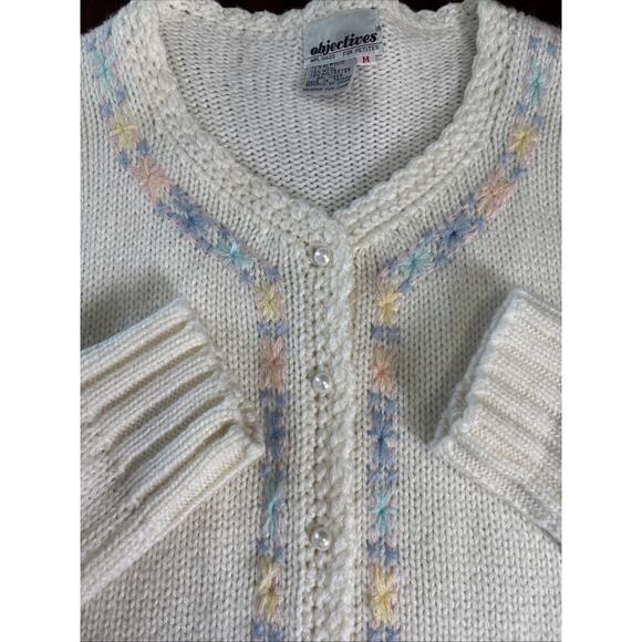 VTG Objectives Petite Cottage Cardigan Sweater Sz M Ivory Pearl Button Soft Girl - Picture 6 of 8